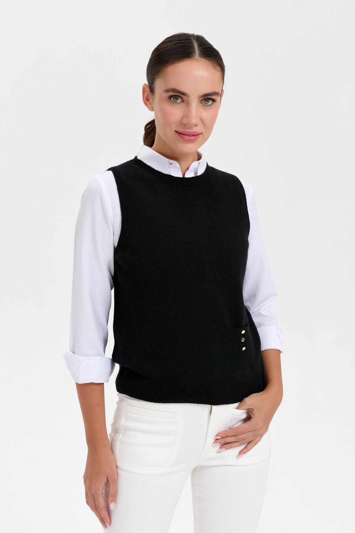 24204Kadın Sıfır Yaka Dikişsiz Cepli Yün Süveter Siyah