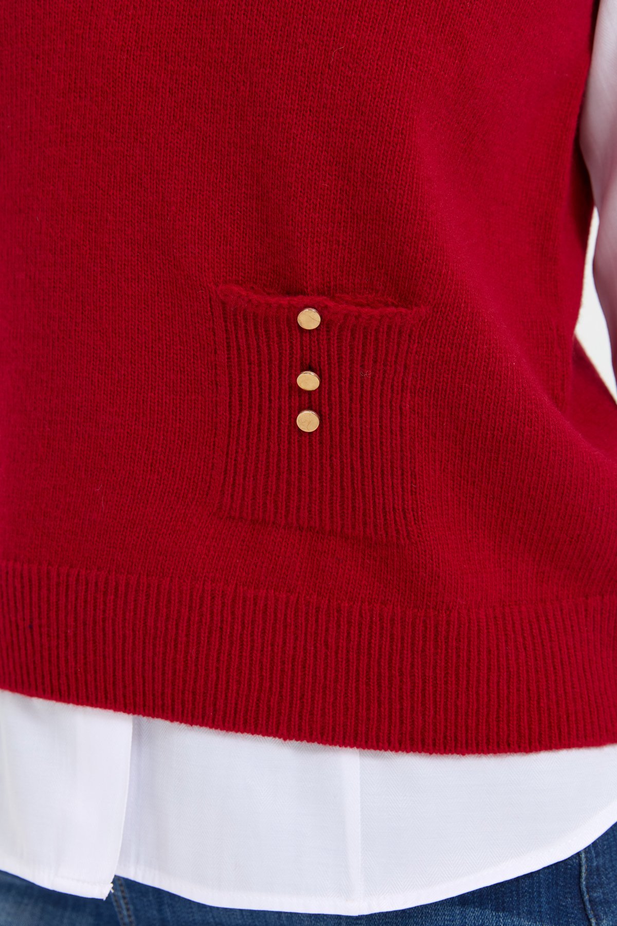 24204Kadın Sıfır Yaka Dikişsiz Cepli Yün Süveter K.Kırmızı