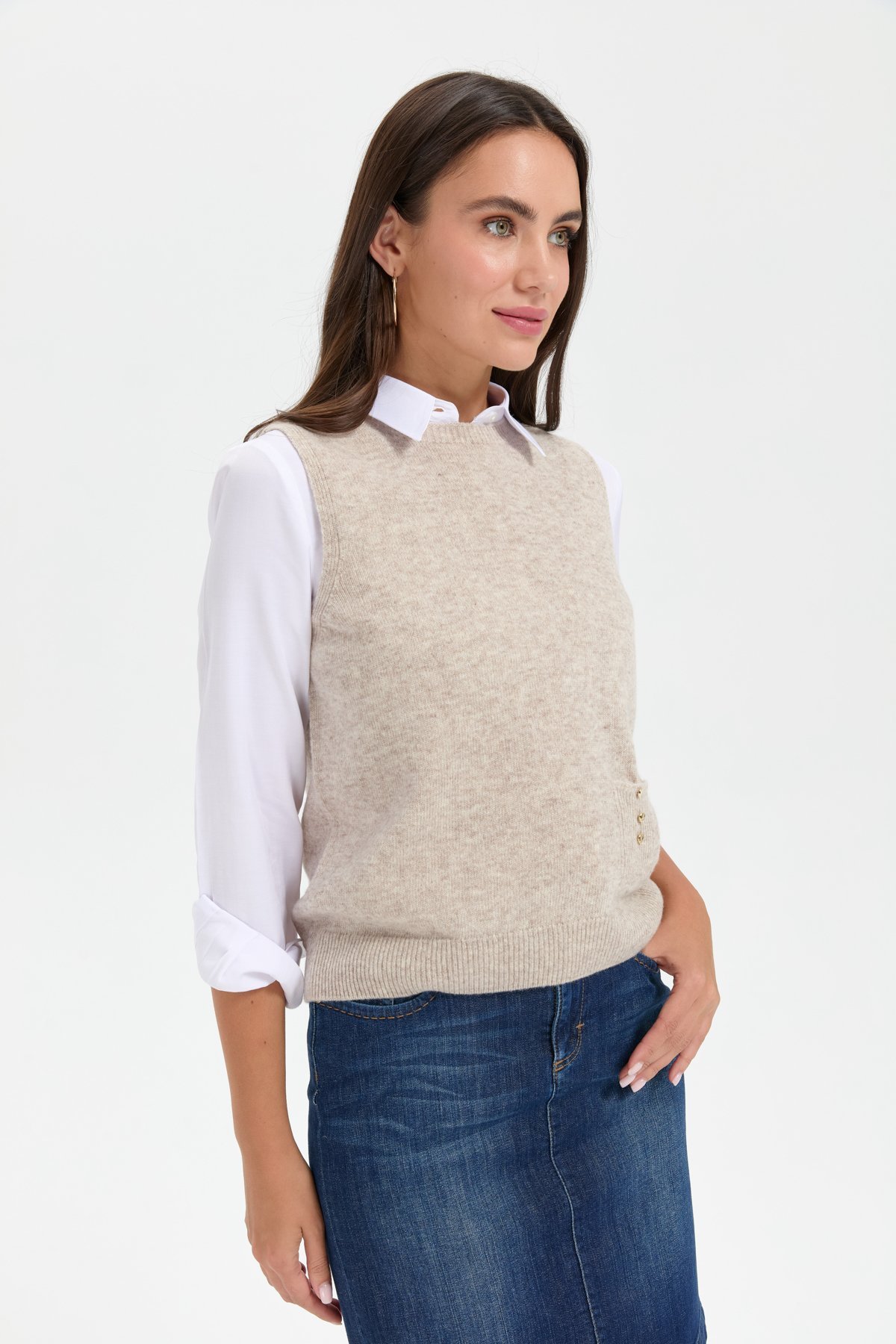 24204Kadın Sıfır Yaka Dikişsiz Cepli Yün Süveter V.Bej