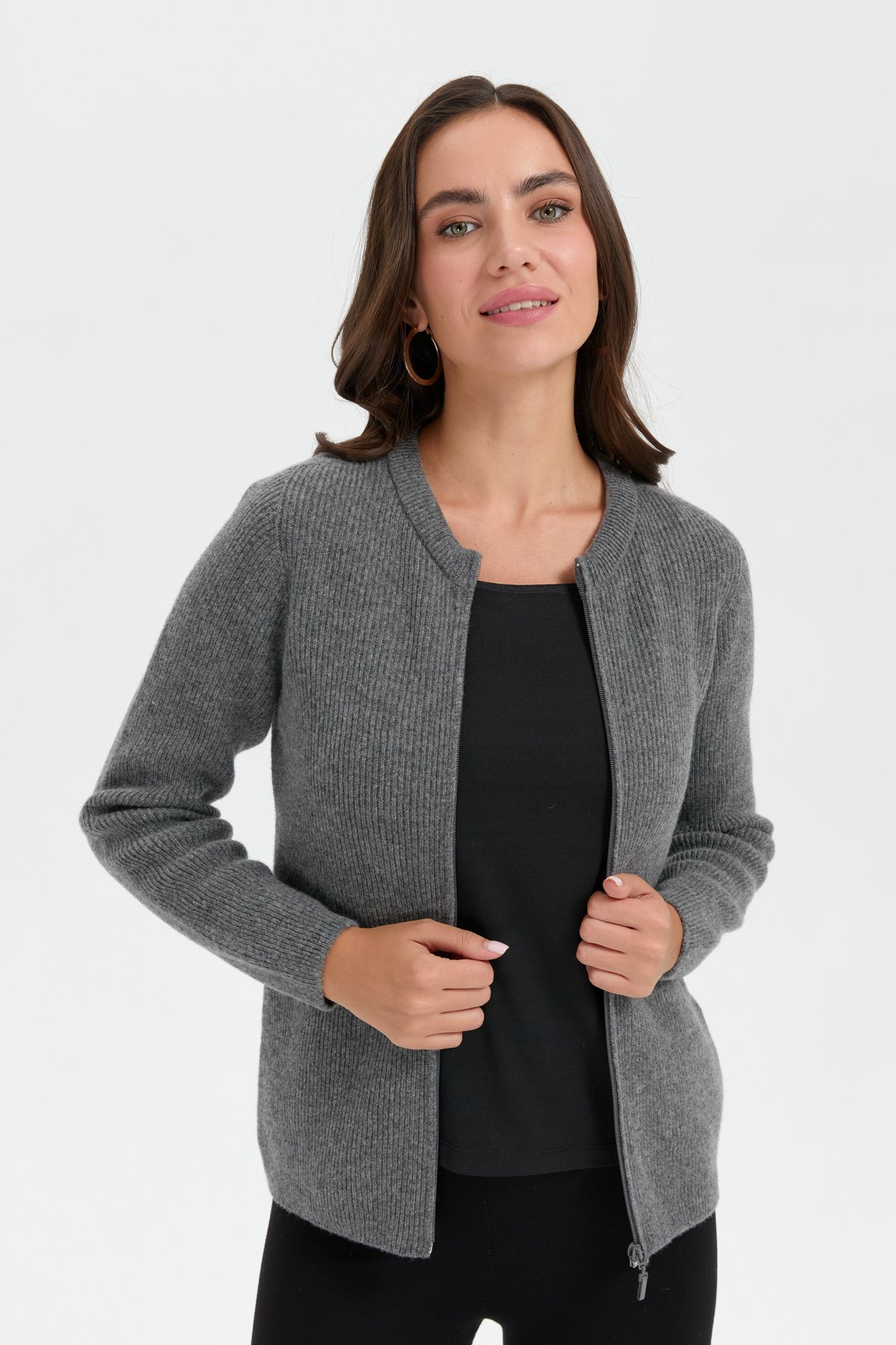 24219Kadın Sıfır Yaka Dikişsiz Fermuarlı Yün Hırka Füme