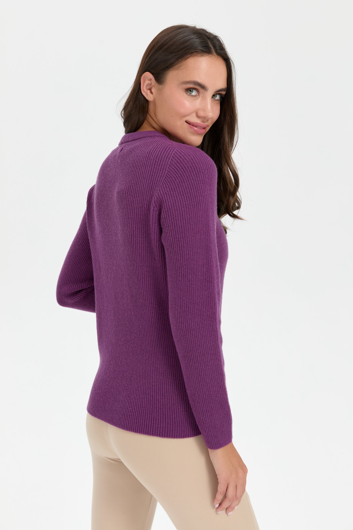 24219Kadın Sıfır Yaka Dikişsiz Fermuarlı Yün Hırka A.Mor