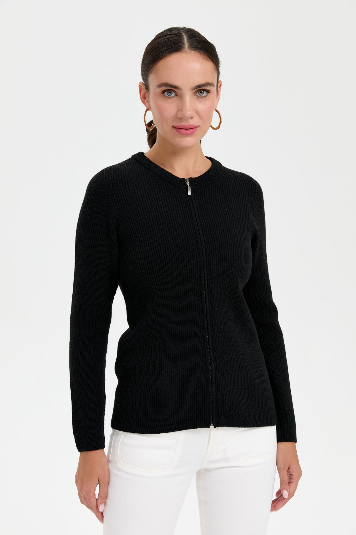 24219Kadın Sıfır Yaka Dikişsiz Fermuarlı Yün Hırka Siyah