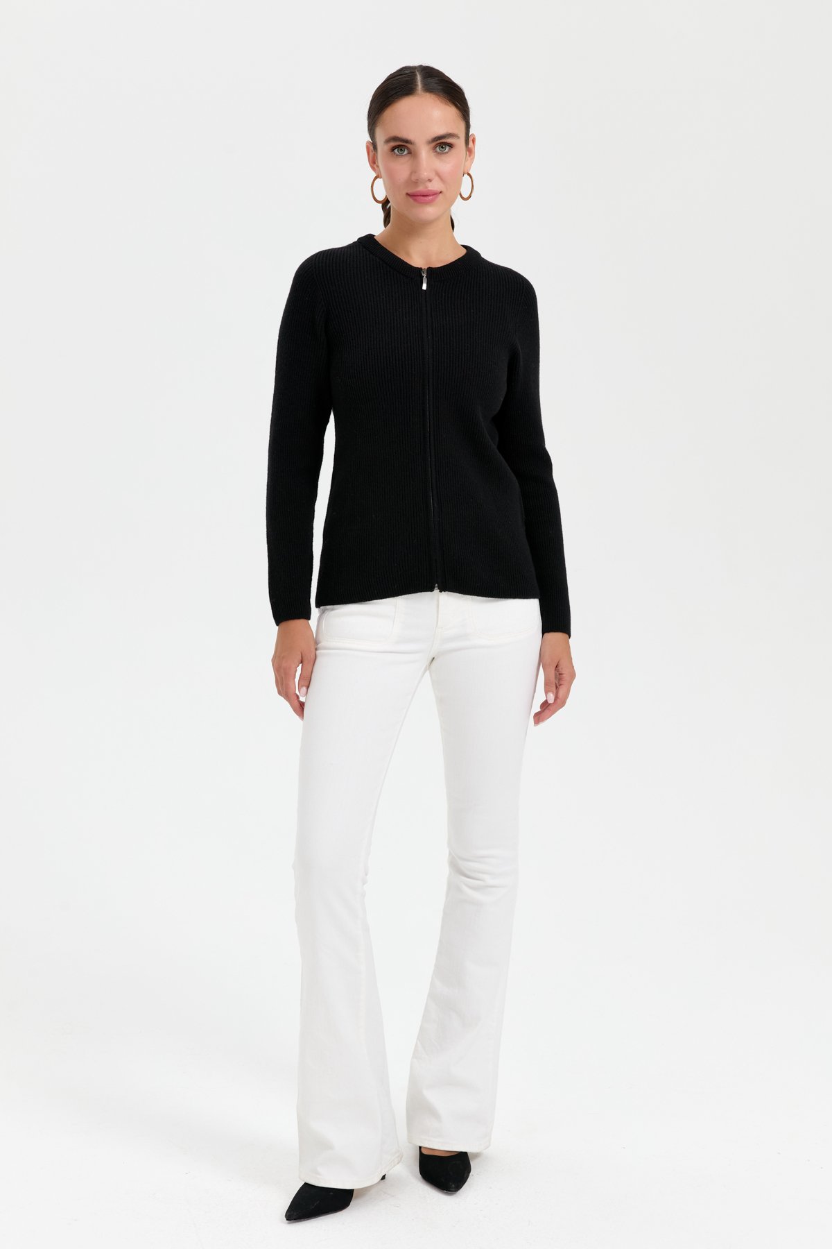 24219Kadın Sıfır Yaka Dikişsiz Fermuarlı Yün Hırka Siyah