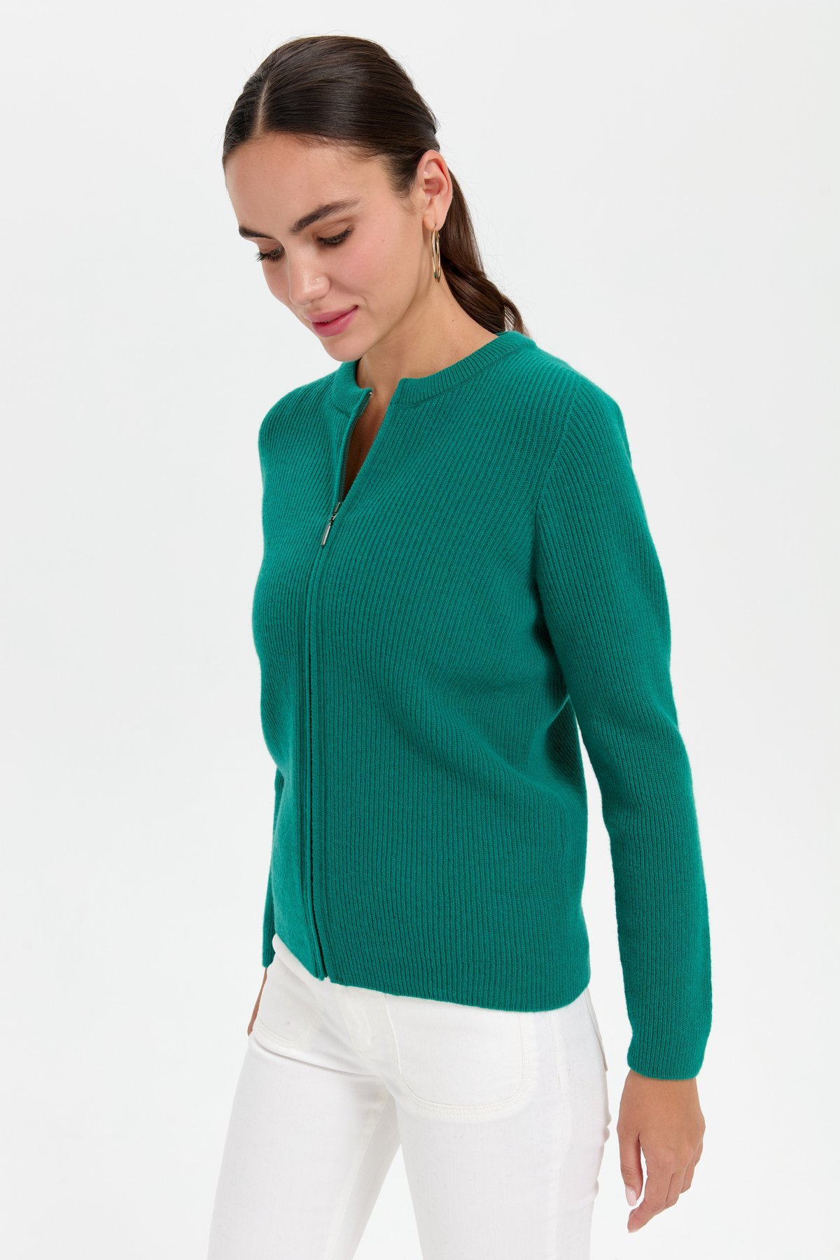 24219Kadın Sıfır Yaka Dikişsiz Fermuarlı Yün Hırka A.Ö.Başı