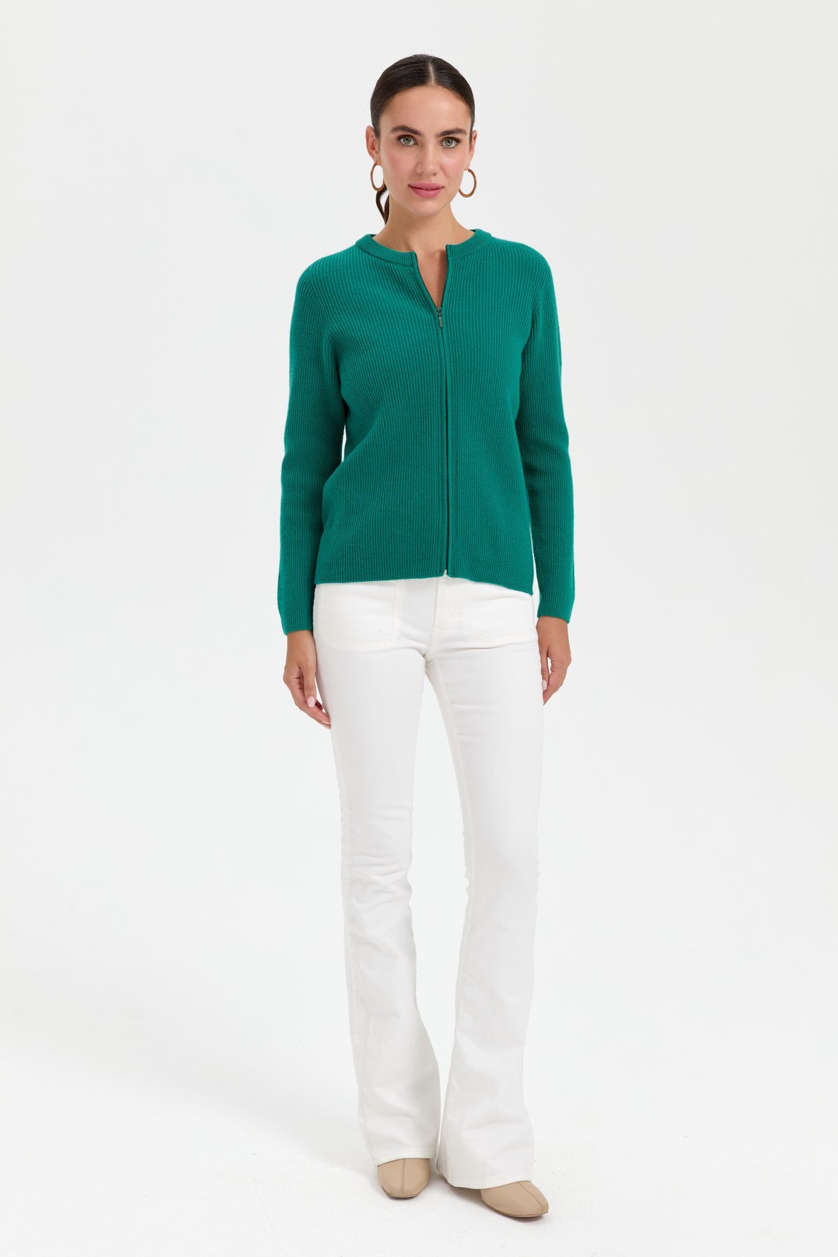 24219Kadın Sıfır Yaka Dikişsiz Fermuarlı Yün Hırka A.Ö.Başı