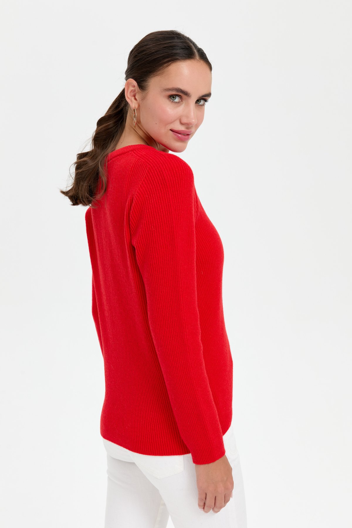 24219Kadın Sıfır Yaka Dikişsiz Fermuarlı Yün Hırka Mercan