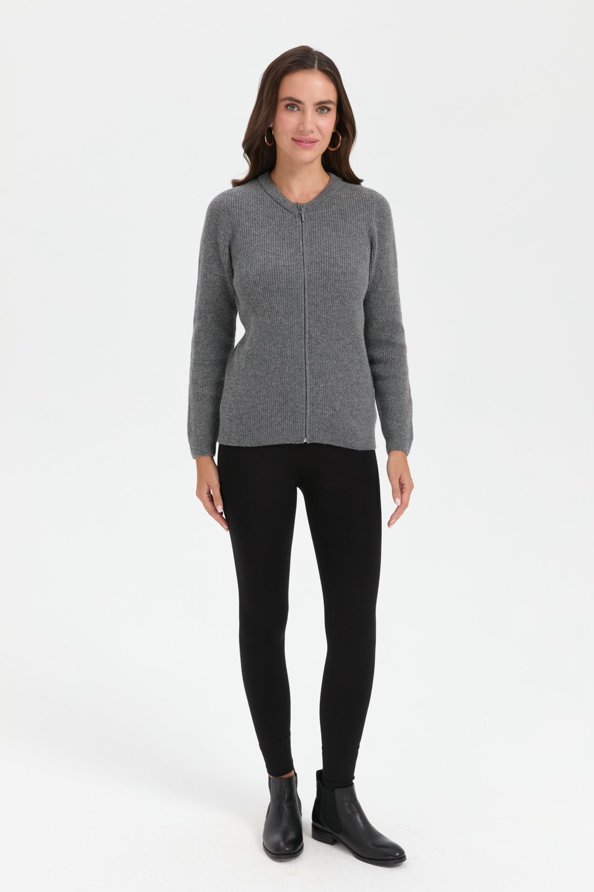 24219Kadın Sıfır Yaka Dikişsiz Fermuarlı Yün Hırka Füme