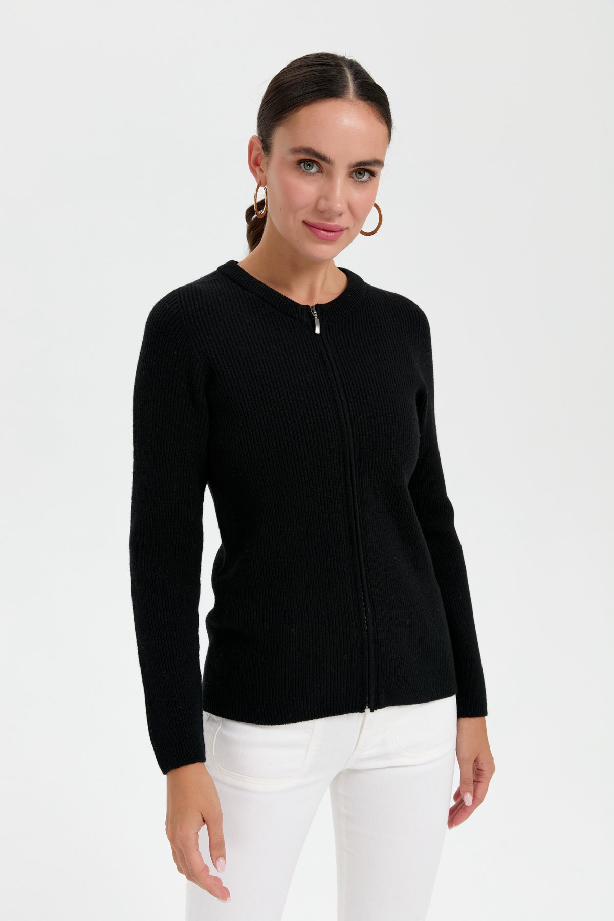 24219Kadın Sıfır Yaka Dikişsiz Fermuarlı Yün Hırka Siyah