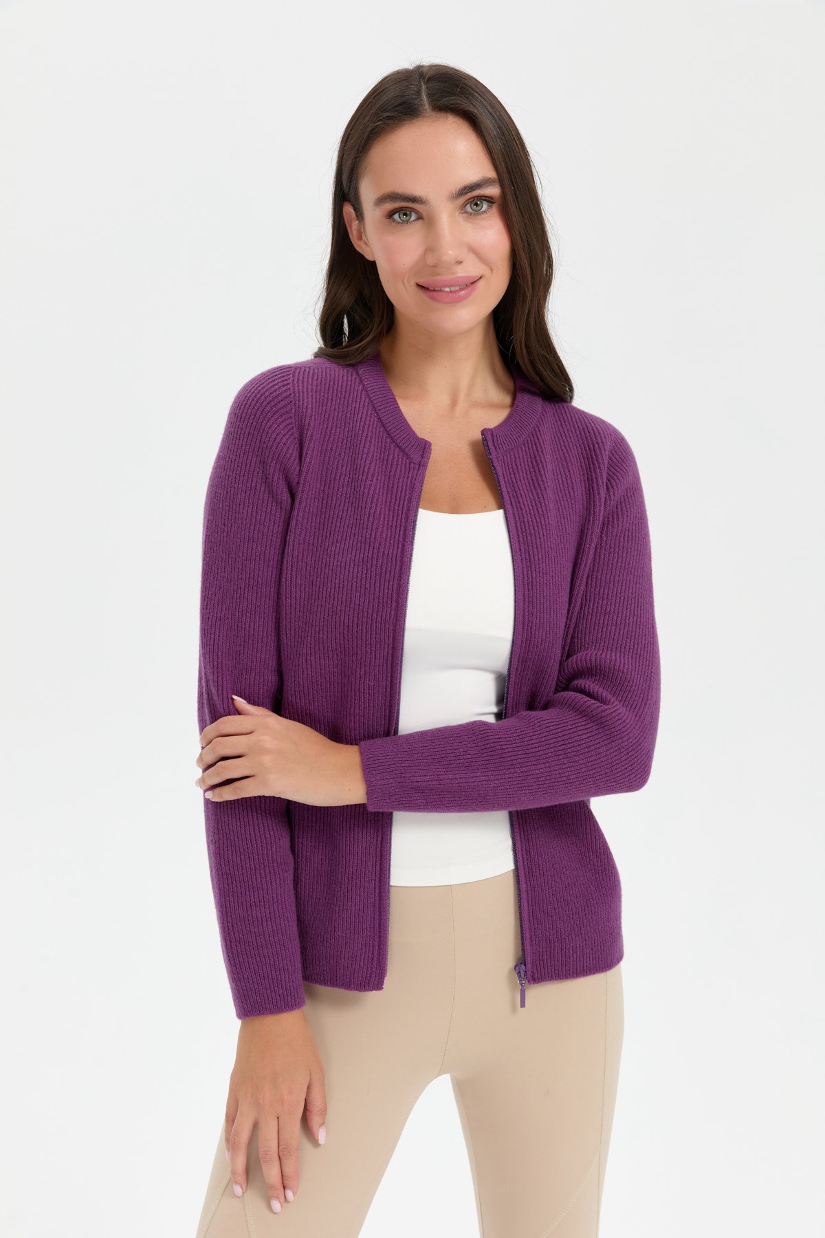 24219Kadın Sıfır Yaka Dikişsiz Fermuarlı Yün Hırka A.Mor