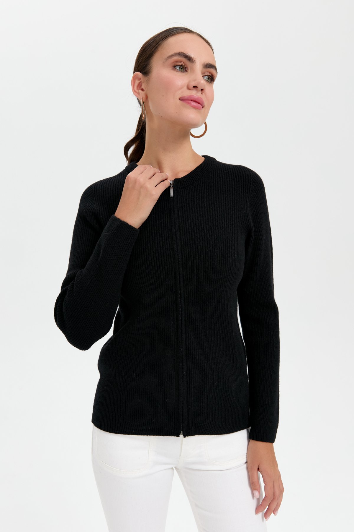 24219Kadın Sıfır Yaka Dikişsiz Fermuarlı Yün Hırka Siyah