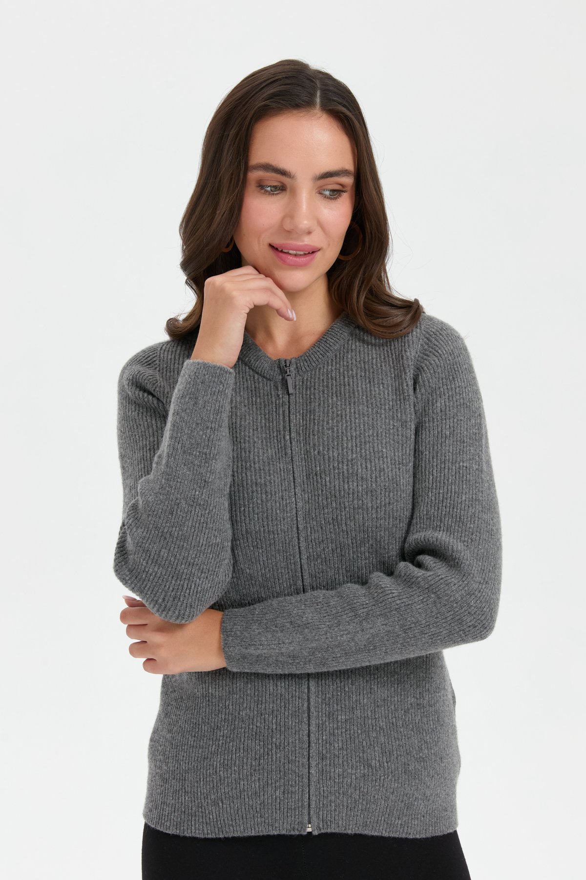 24219Kadın Sıfır Yaka Dikişsiz Fermuarlı Yün Hırka Füme