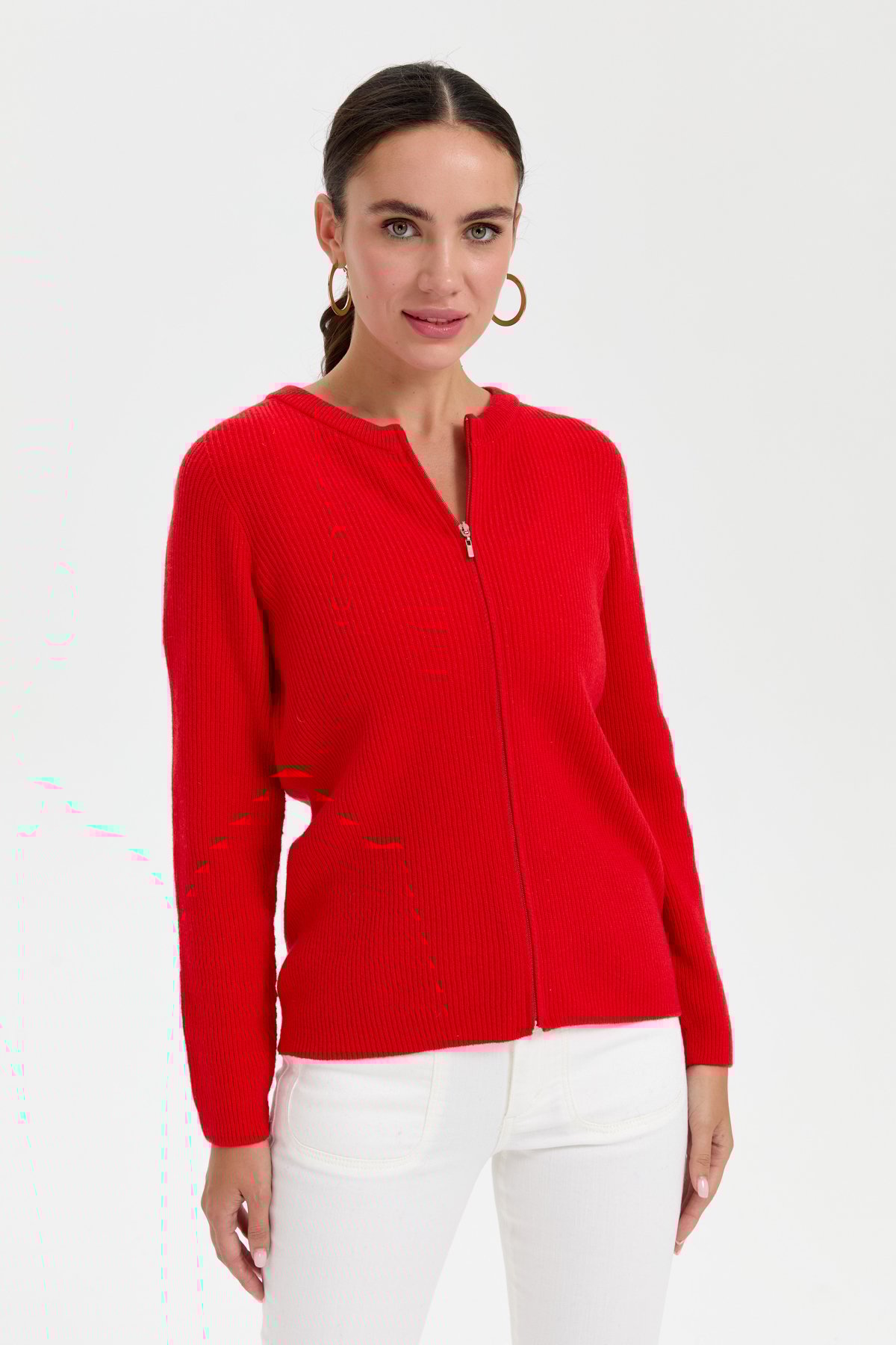 24219Kadın Sıfır Yaka Dikişsiz Fermuarlı Yün Hırka Mercan