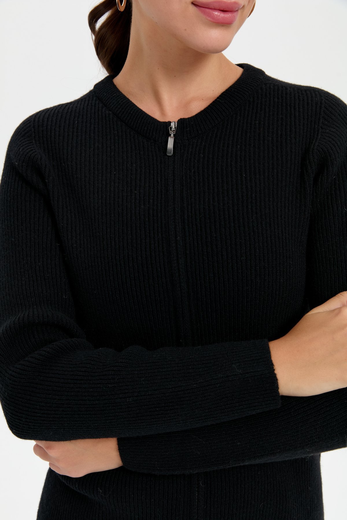 24219Kadın Sıfır Yaka Dikişsiz Fermuarlı Yün Hırka Siyah