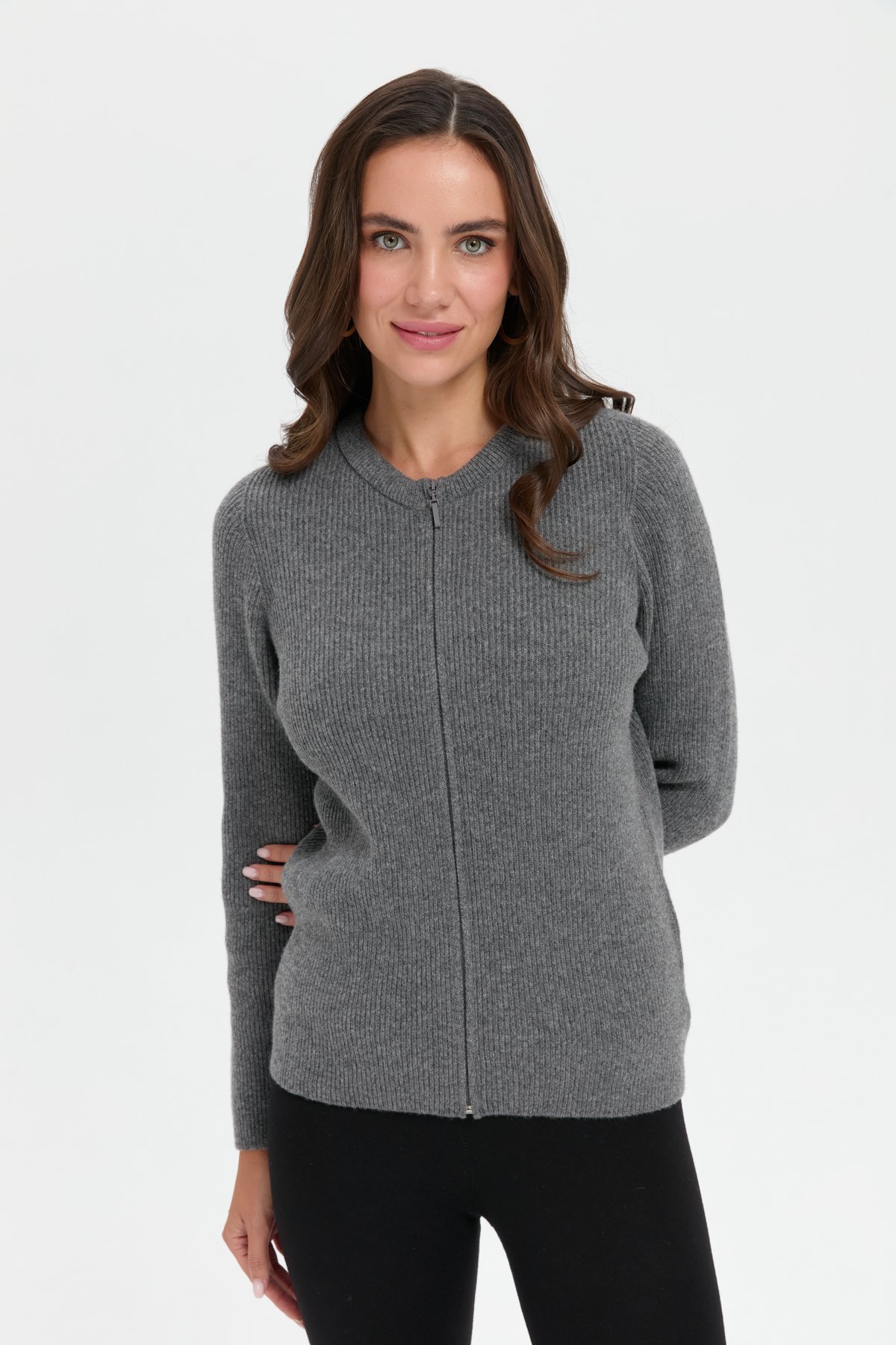 24219Kadın Sıfır Yaka Dikişsiz Fermuarlı Yün Hırka Füme