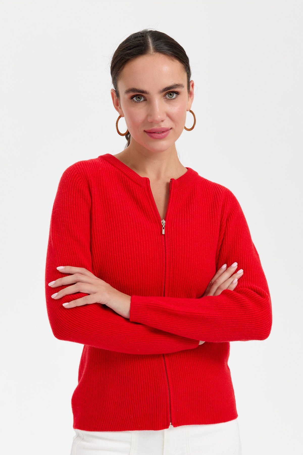 24219Kadın Sıfır Yaka Dikişsiz Fermuarlı Yün Hırka Mercan