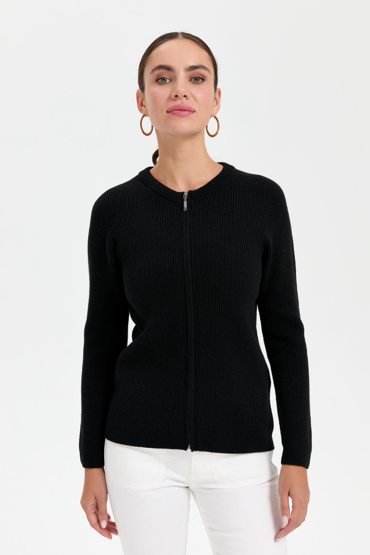 24219Kadın Sıfır Yaka Dikişsiz Fermuarlı Yün Hırka Siyah