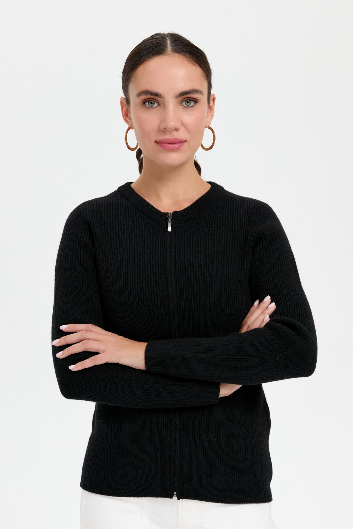 24219Kadın Sıfır Yaka Dikişsiz Fermuarlı Yün Hırka Siyah