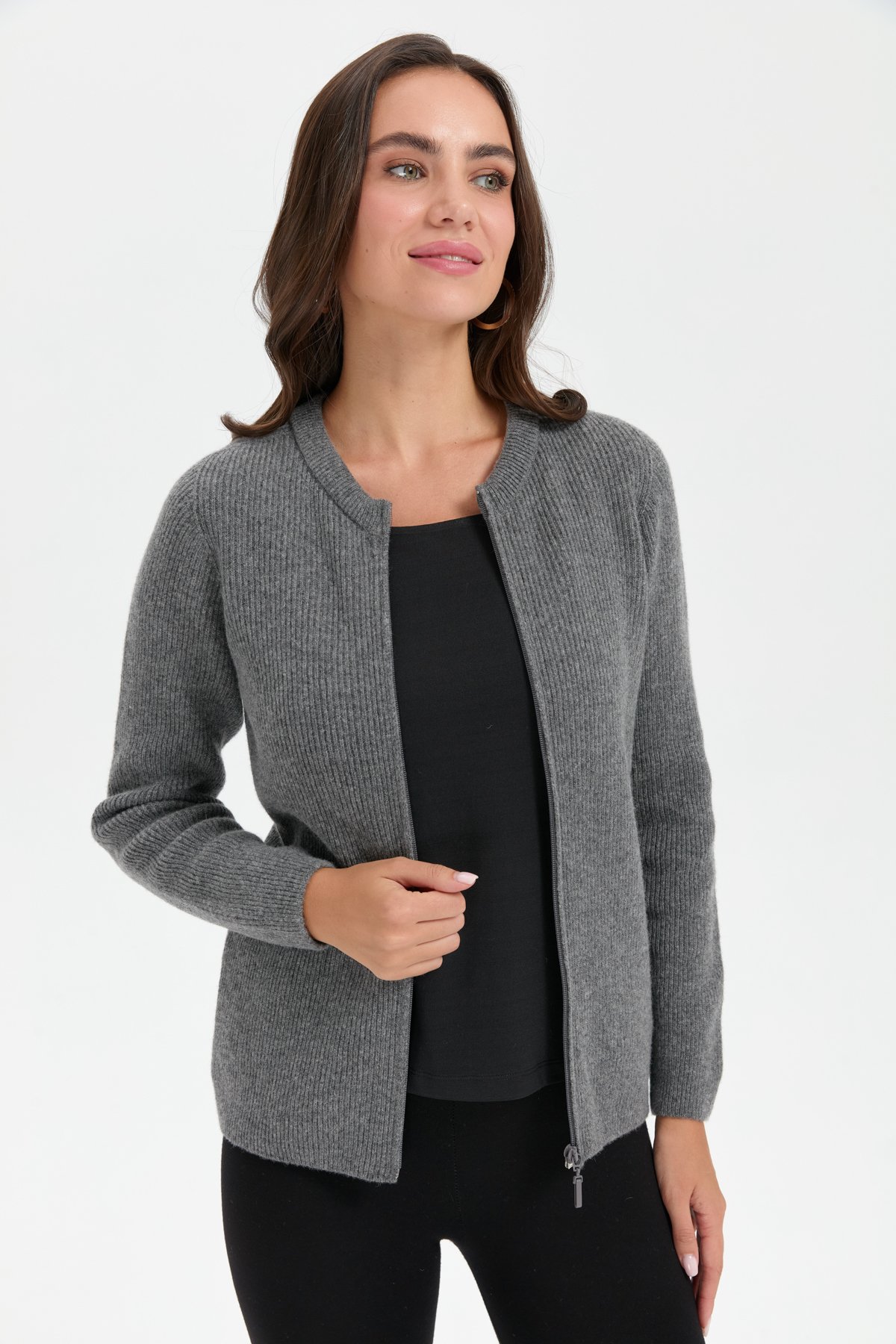 24219Kadın Sıfır Yaka Dikişsiz Fermuarlı Yün Hırka Füme