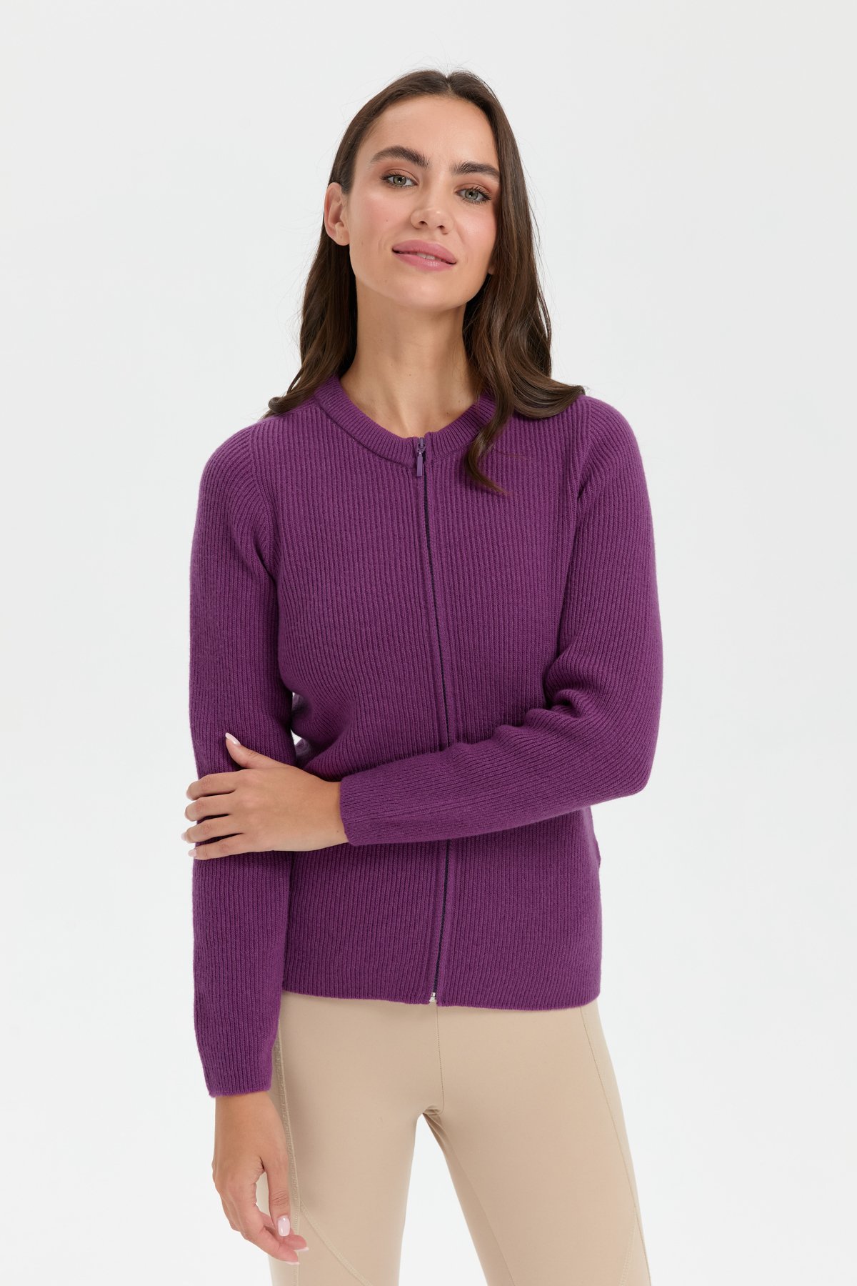24219Kadın Sıfır Yaka Dikişsiz Fermuarlı Yün Hırka A.Mor