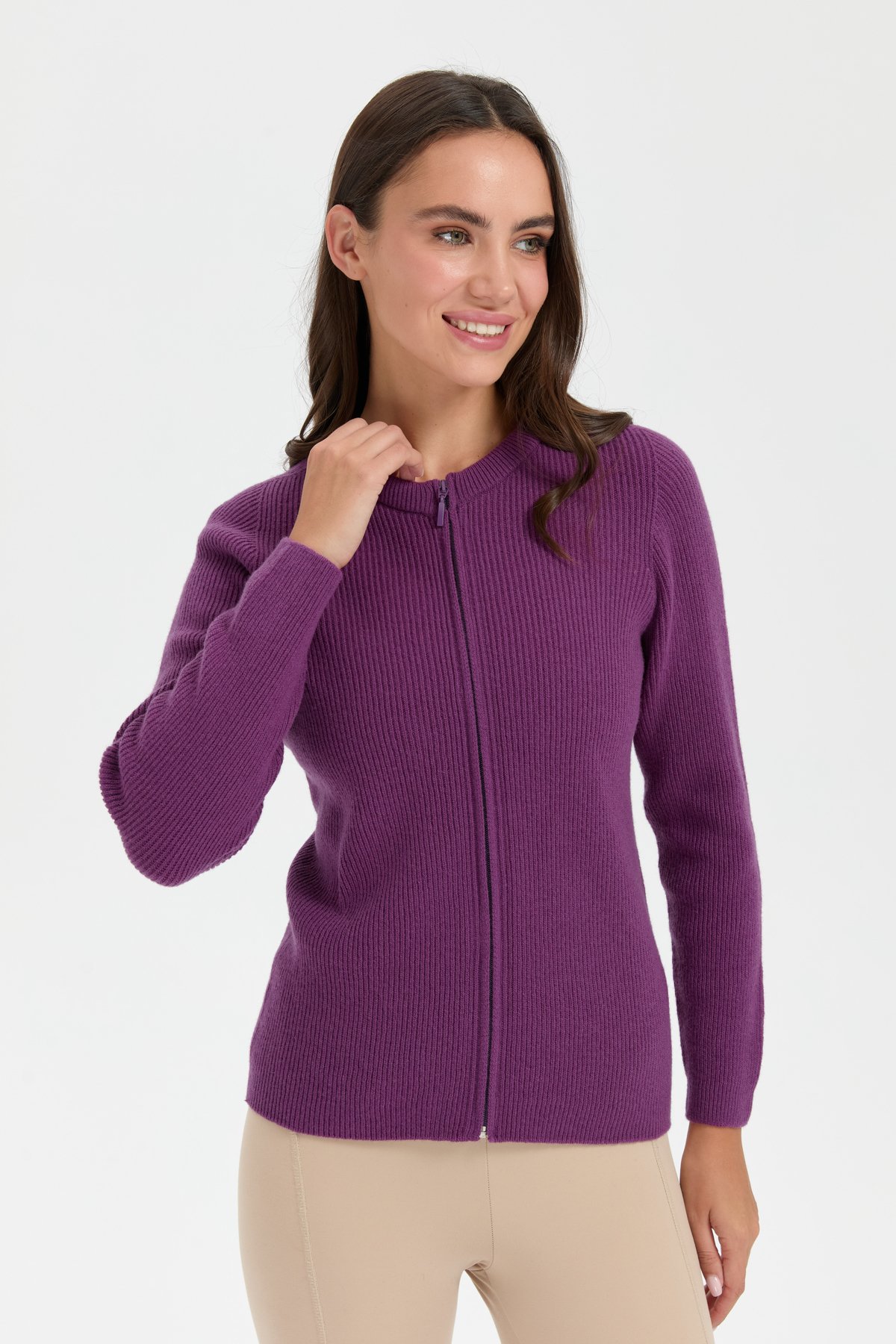 24219Kadın Sıfır Yaka Dikişsiz Fermuarlı Yün Hırka A.Mor