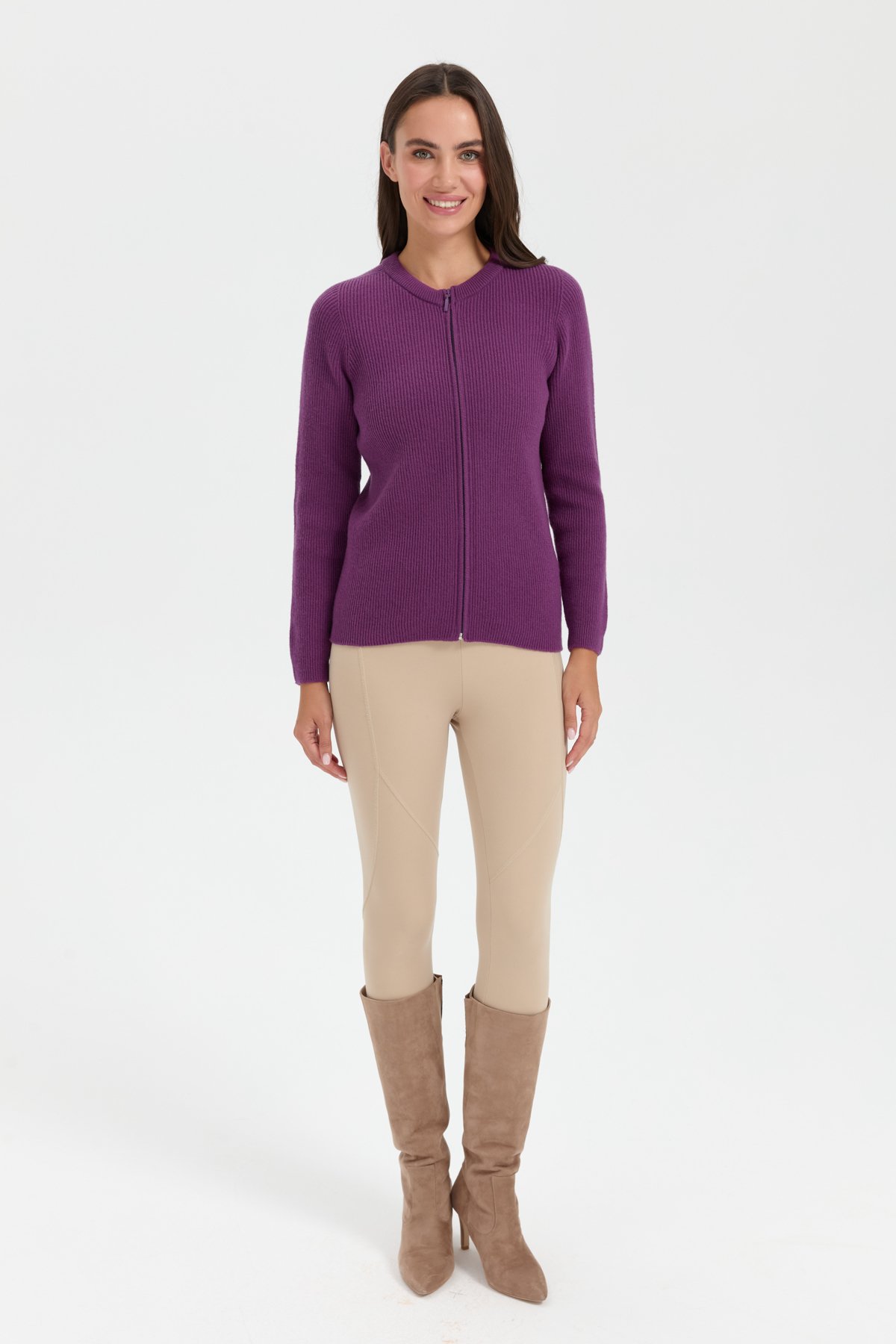 24219Kadın Sıfır Yaka Dikişsiz Fermuarlı Yün Hırka A.Mor