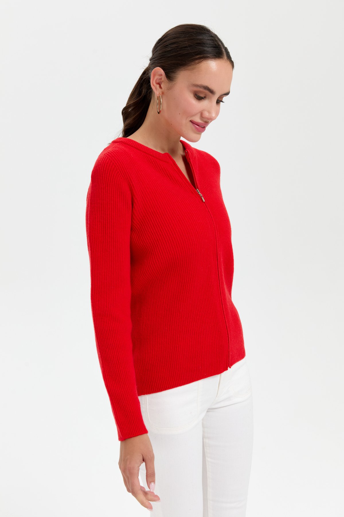 24219Kadın Sıfır Yaka Dikişsiz Fermuarlı Yün Hırka Mercan