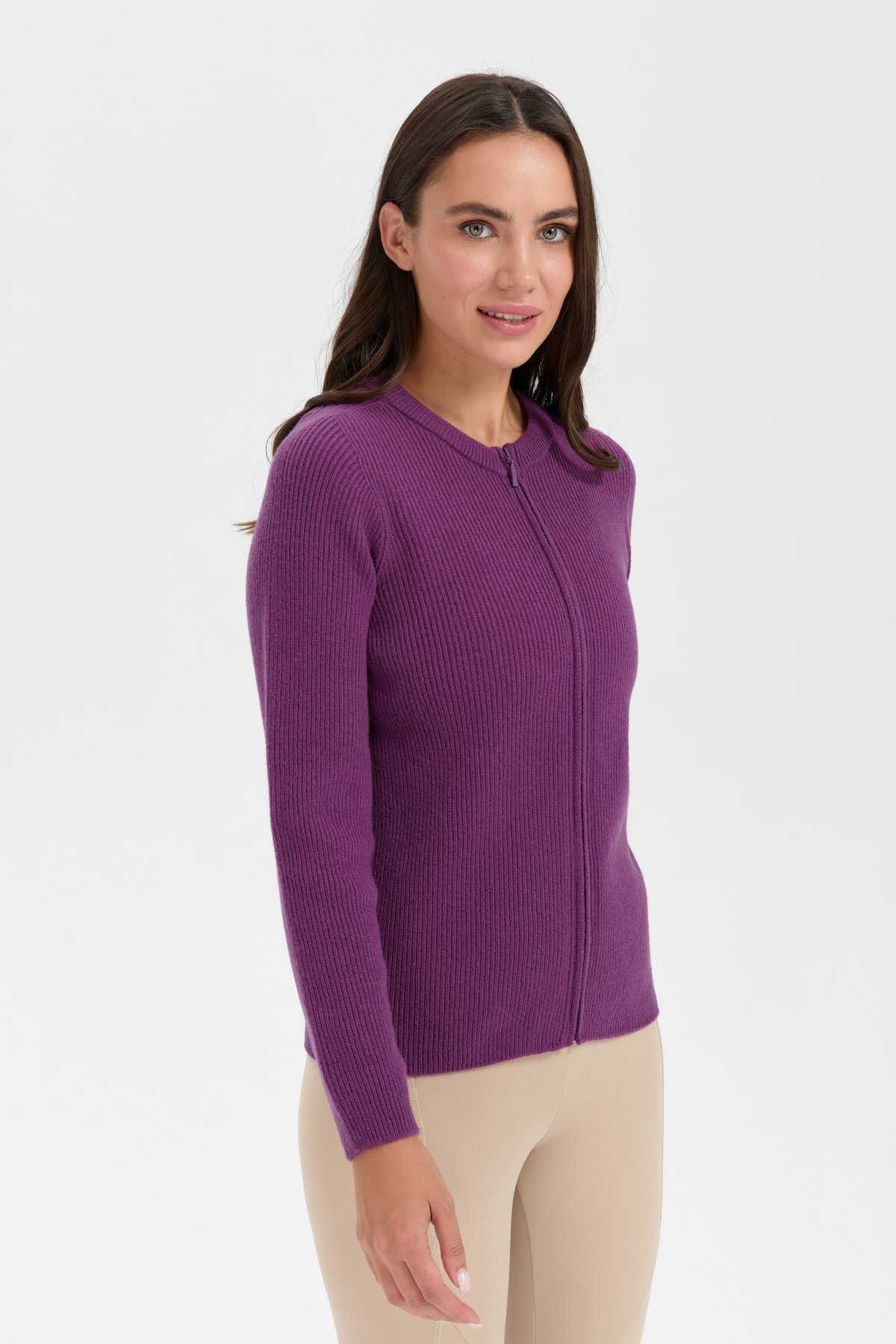 24219Kadın Sıfır Yaka Dikişsiz Fermuarlı Yün Hırka A.Mor