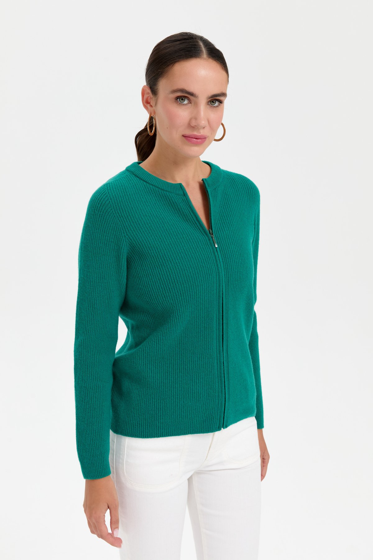 24219Kadın Sıfır Yaka Dikişsiz Fermuarlı Yün Hırka A.Ö.Başı