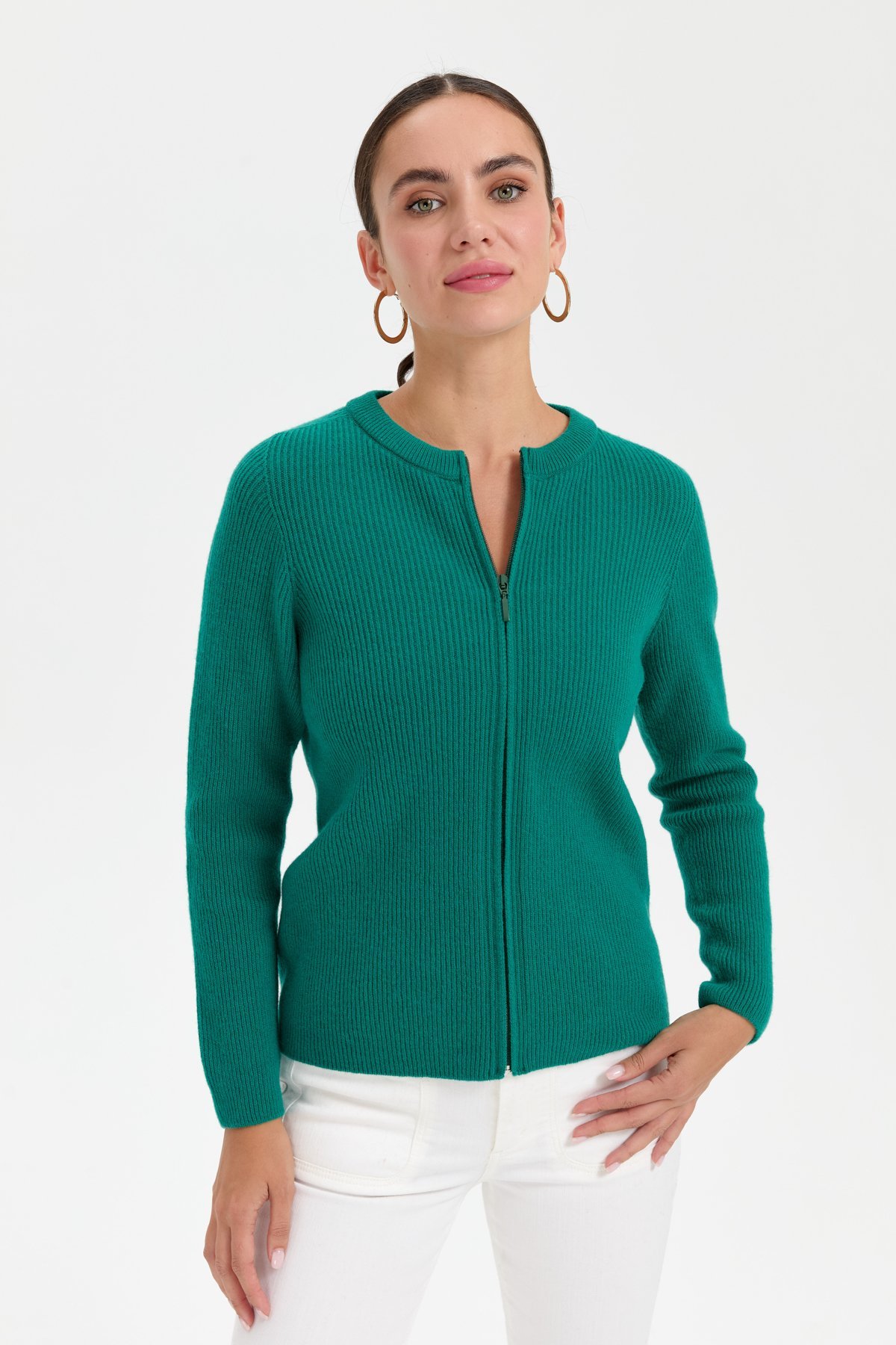 24219Kadın Sıfır Yaka Dikişsiz Fermuarlı Yün Hırka A.Ö.Başı