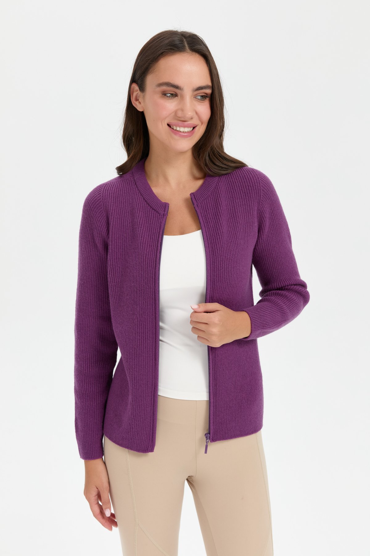 24219Kadın Sıfır Yaka Dikişsiz Fermuarlı Yün Hırka A.Mor