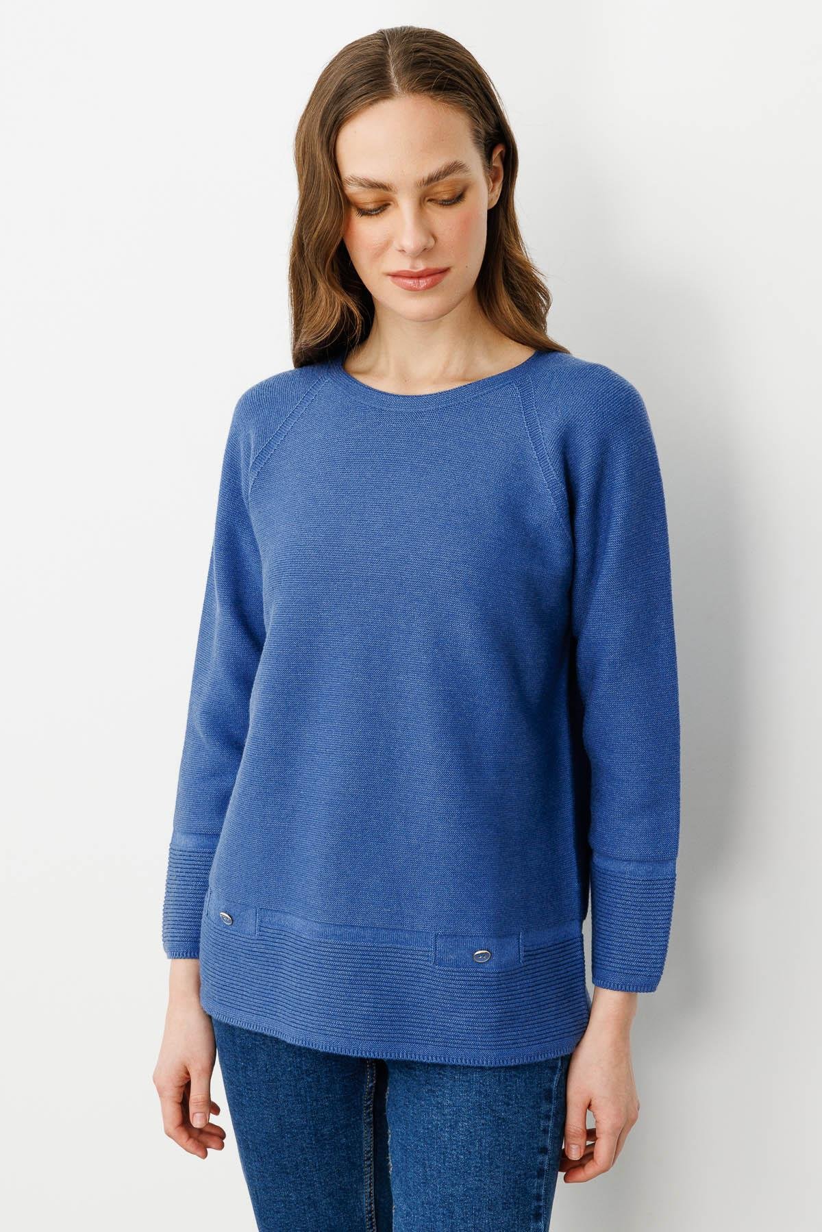 24189Kadın Sıfır Yaka Dikişsiz Sahte Cepli Kazak İndigo