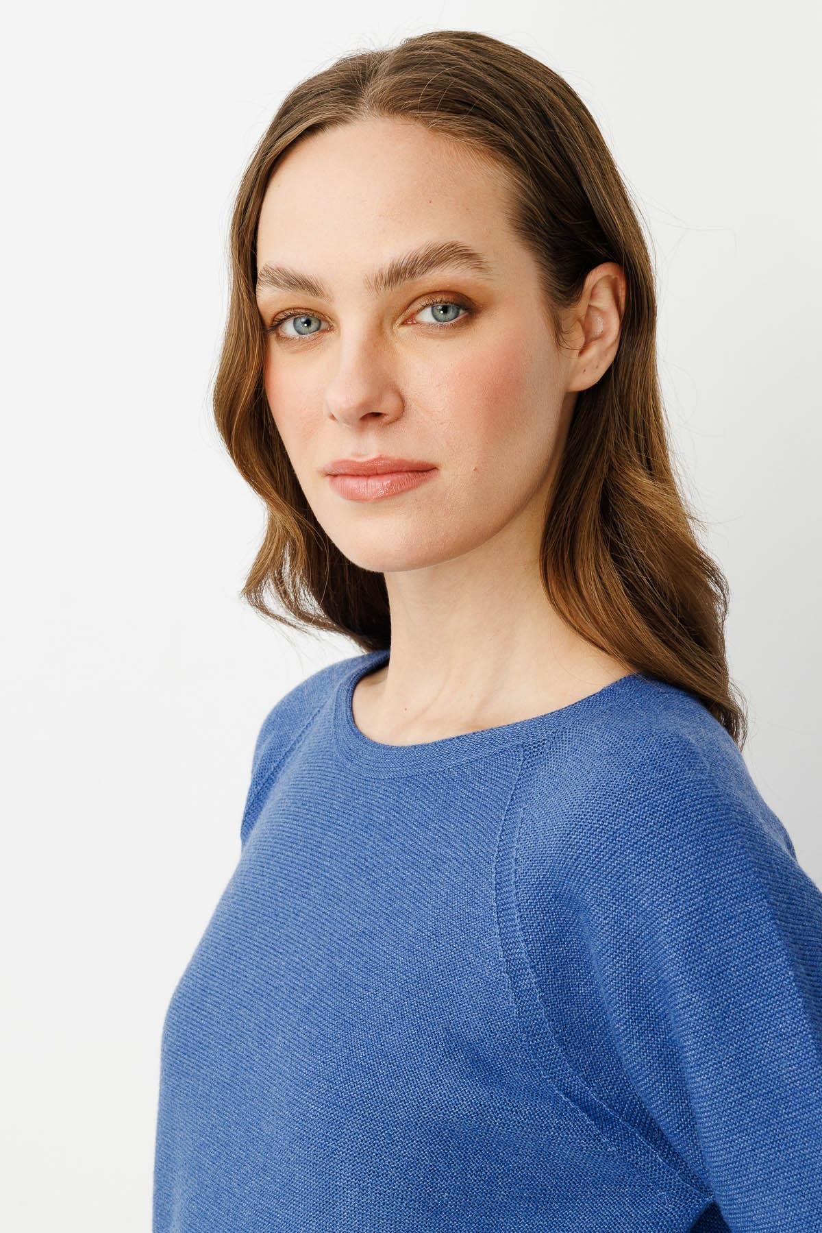 24189Kadın Sıfır Yaka Dikişsiz Sahte Cepli Kazak İndigo