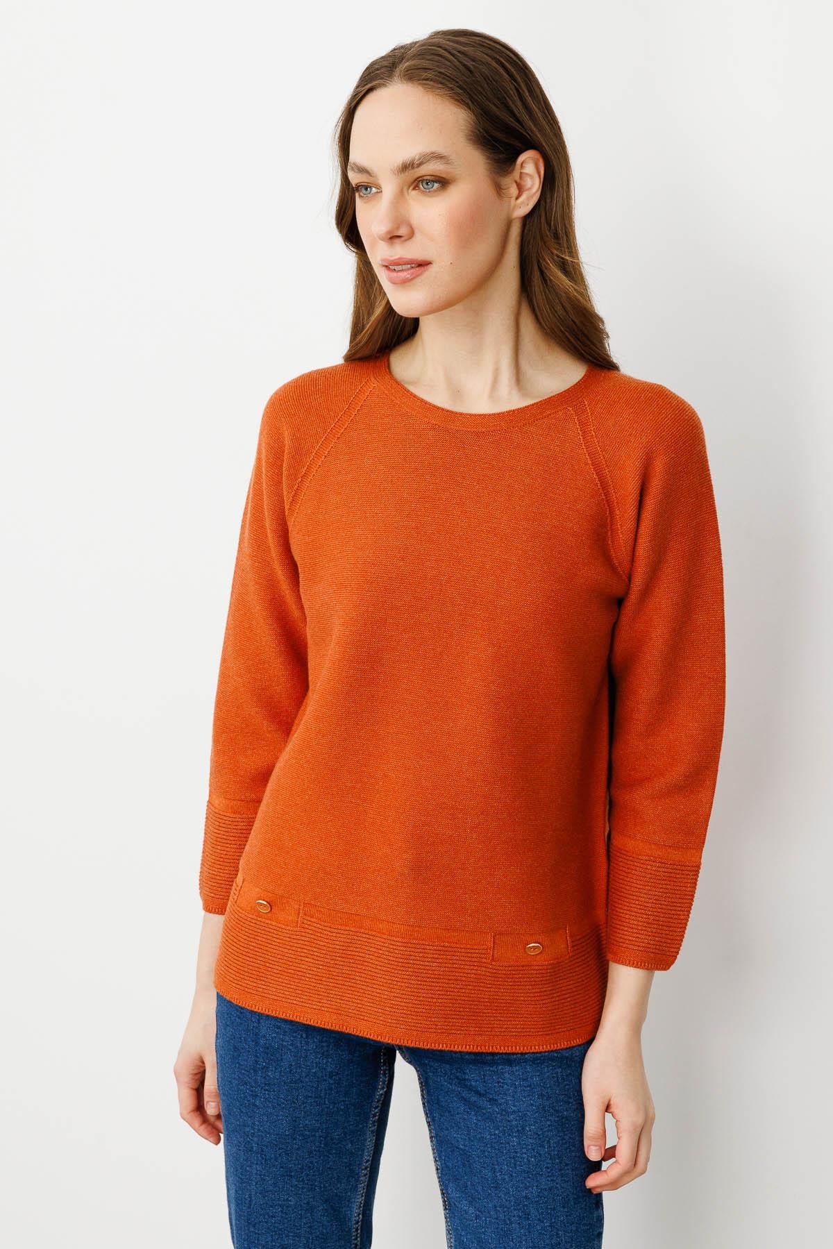 24189Kadın Sıfır Yaka Dikişsiz Sahte Cepli Kazak Turuncu