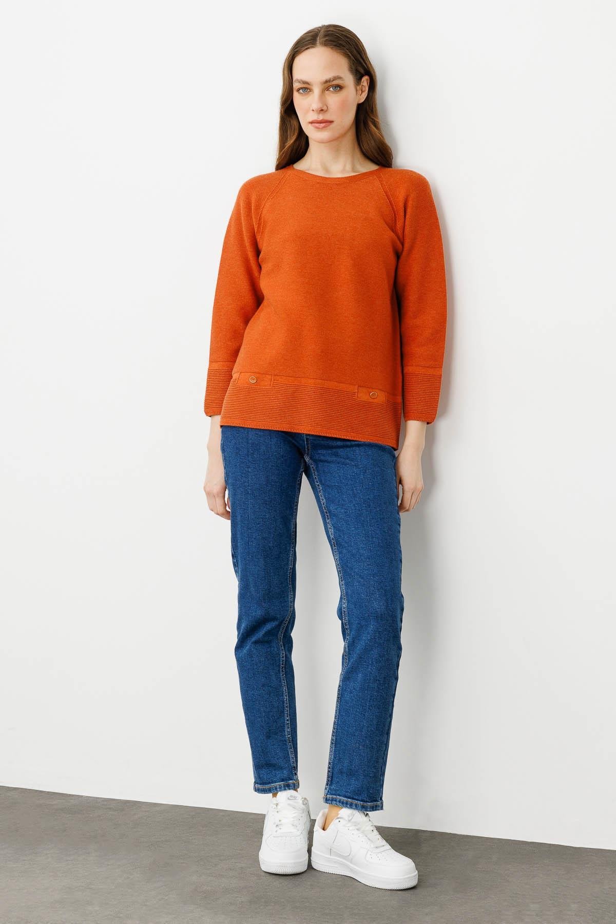 24189Kadın Sıfır Yaka Dikişsiz Sahte Cepli Kazak Turuncu