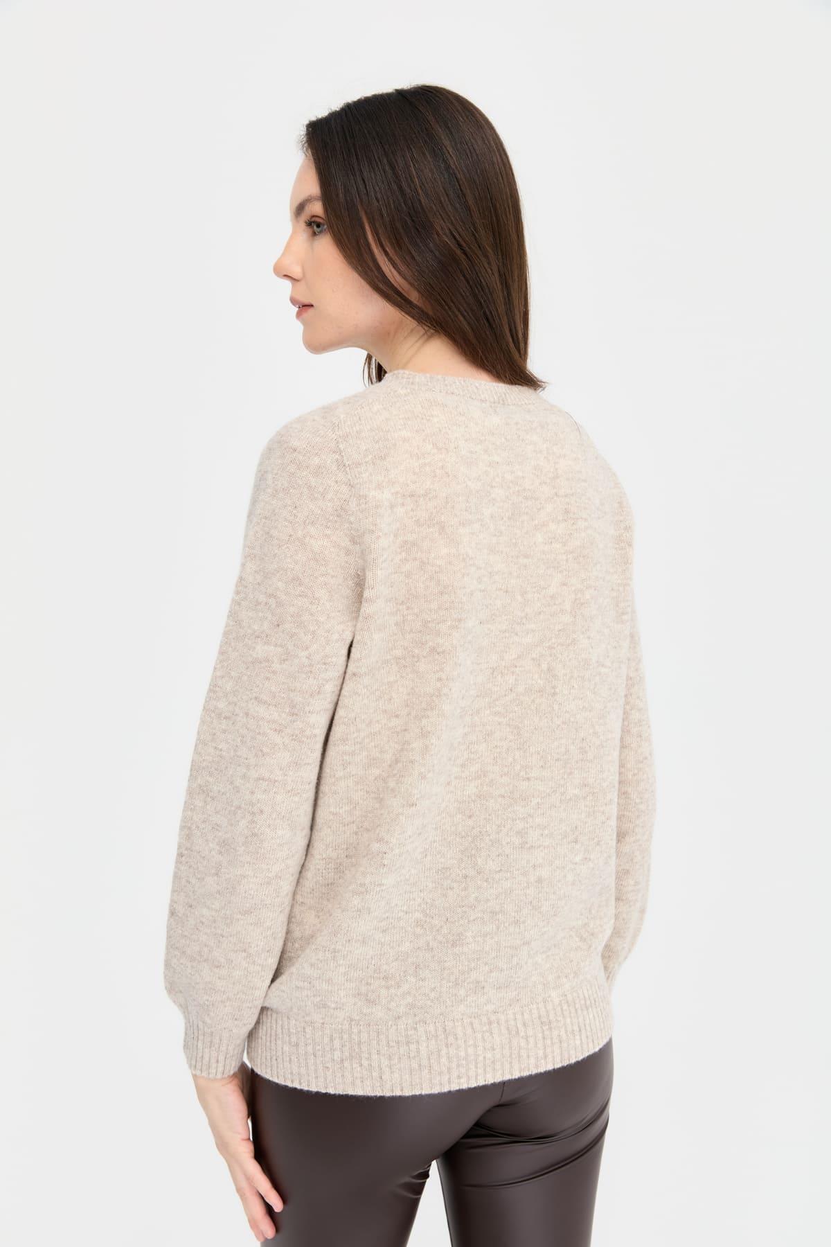 24217Kadın Sıfır Yaka Dikişsiz Önü Baklavalı Yün Kazak V.Bej