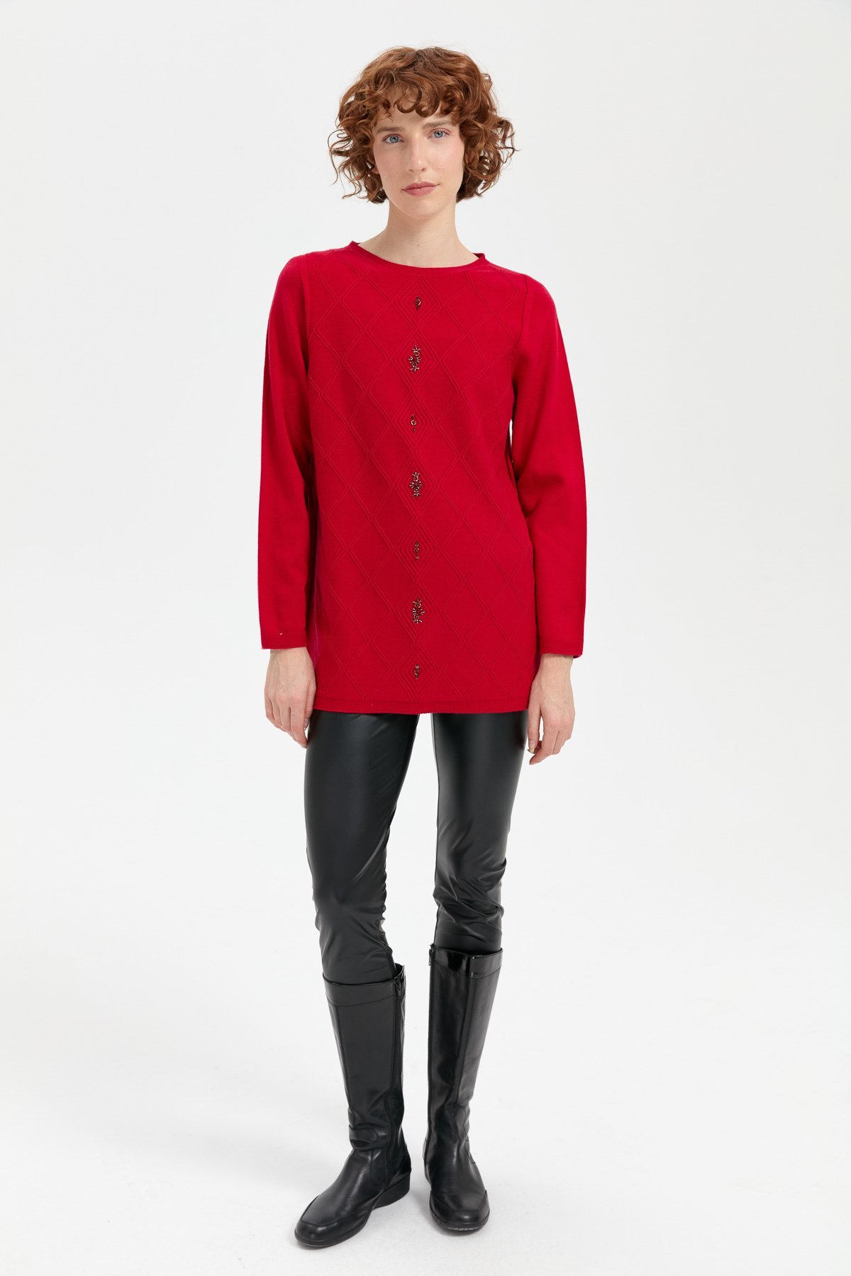 24175Kadın Sıfır Yaka Dikişsiz Önü Baklavalı Kazak K.Kırmızı