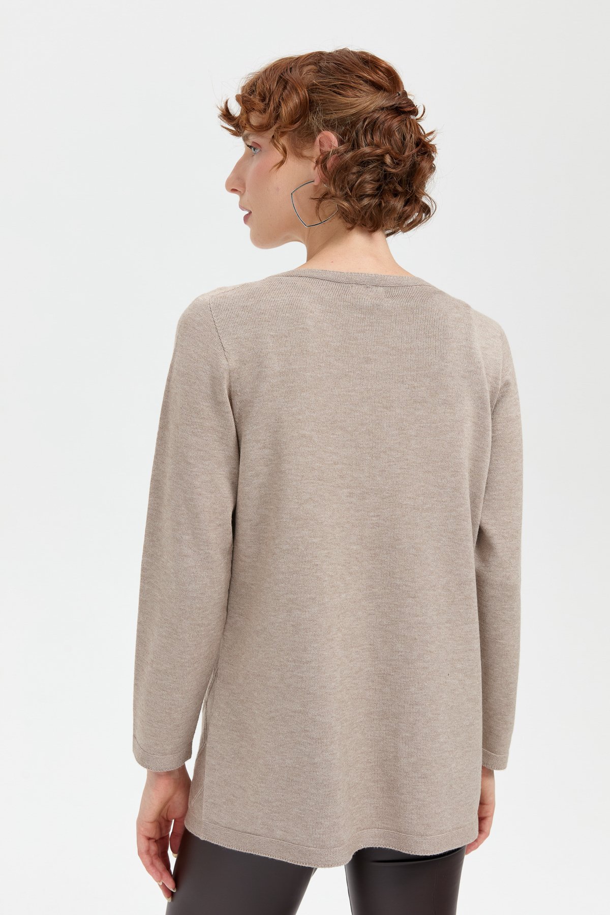 24175Kadın Sıfır Yaka Dikişsiz Önü Baklavalı Kazak Vizon