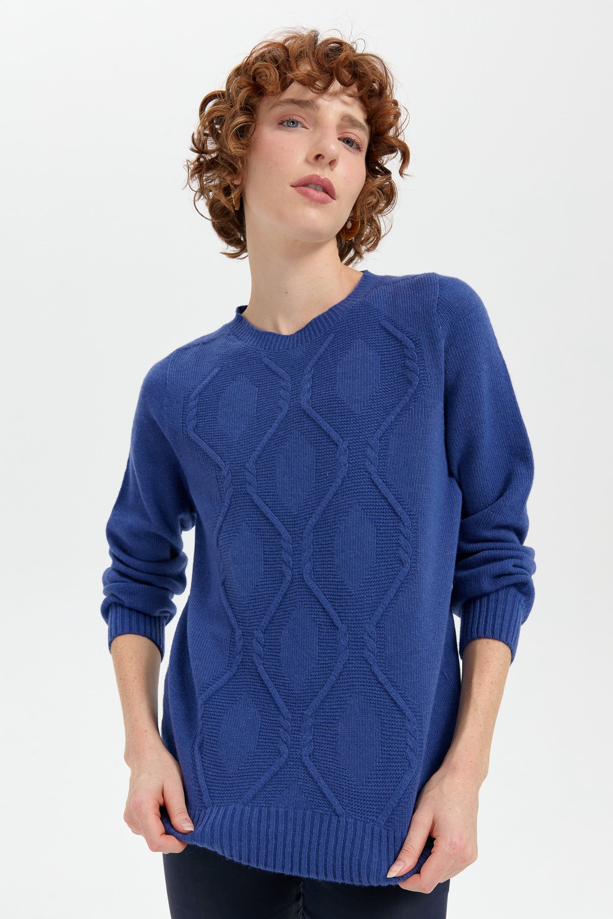 24217Kadın Sıfır Yaka Dikişsiz Önü Baklavalı Yün Kazak Mavi