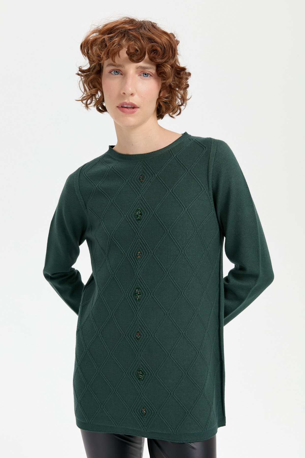 24175Kadın Sıfır Yaka Dikişsiz Önü Baklavalı Kazak Yeşil