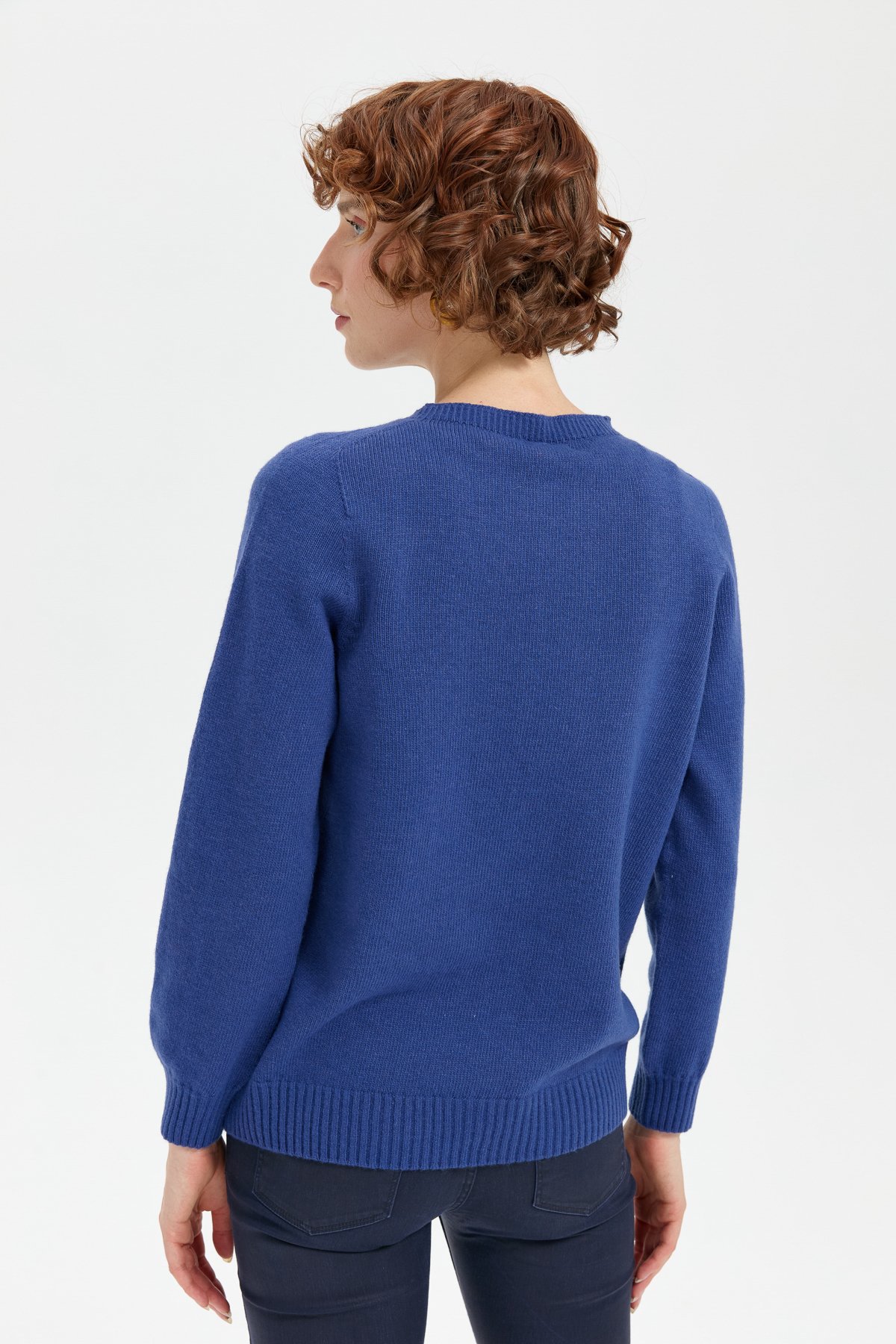 24217Kadın Sıfır Yaka Dikişsiz Önü Baklavalı Yün Kazak Mavi