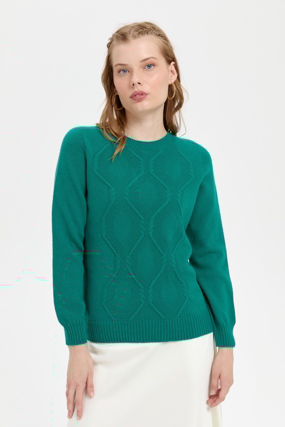 24217Kadın Sıfır Yaka Dikişsiz Önü Baklavalı Yün Kazak A.Ö.Başı