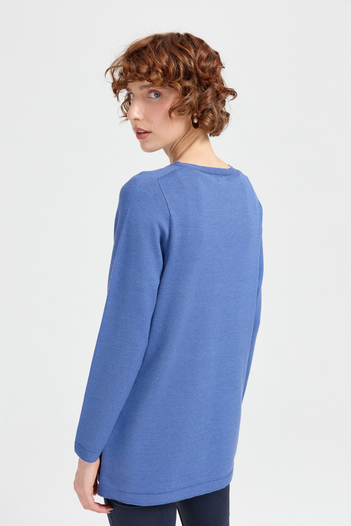 24175Kadın Sıfır Yaka Dikişsiz Önü Baklavalı Kazak İndigo