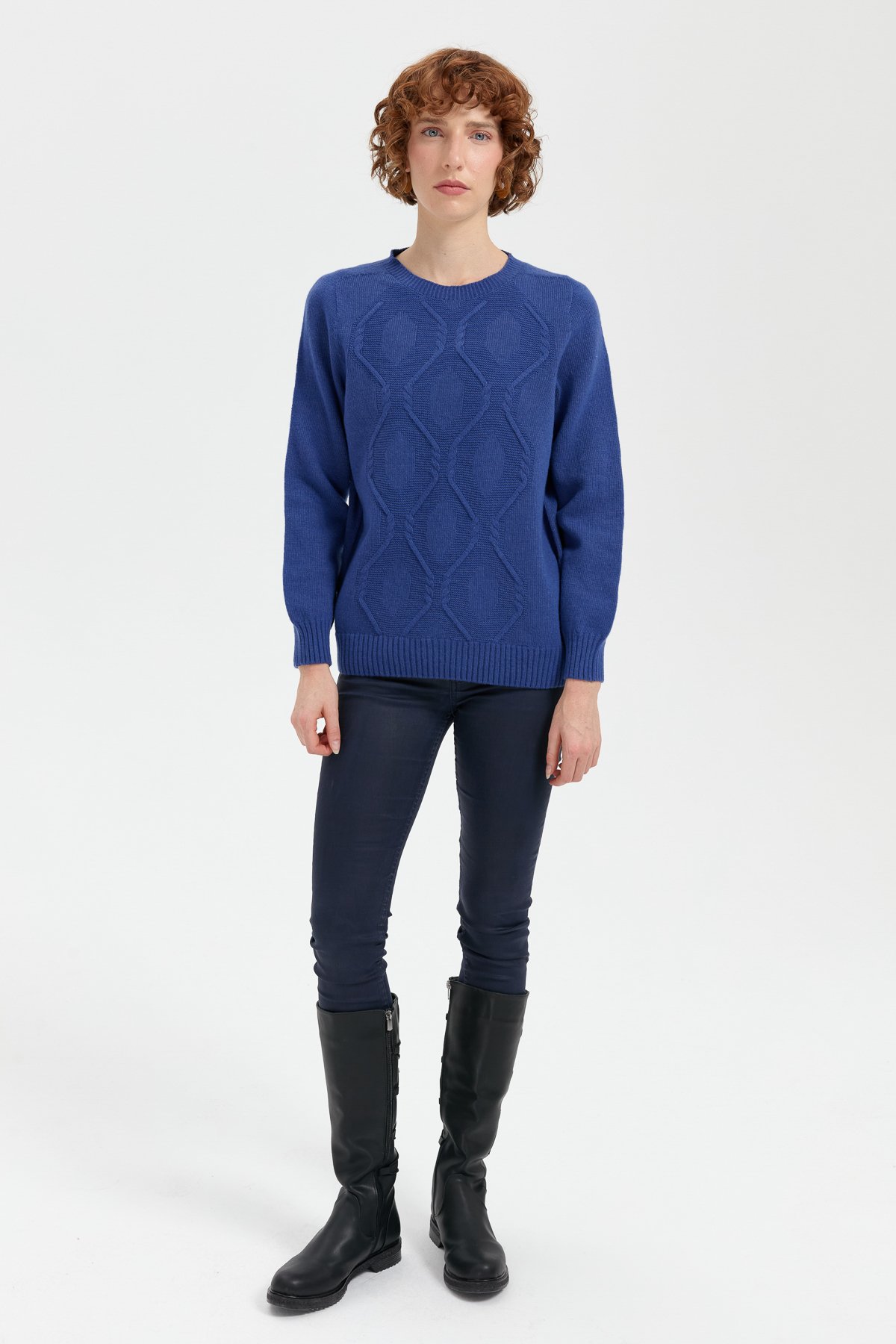 24217Kadın Sıfır Yaka Dikişsiz Önü Baklavalı Yün Kazak Mavi