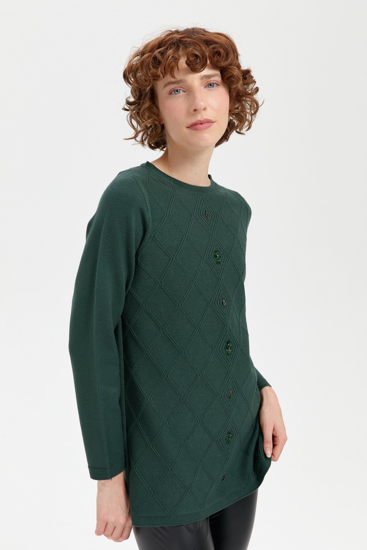 24175Kadın Sıfır Yaka Dikişsiz Önü Baklavalı Kazak Yeşil