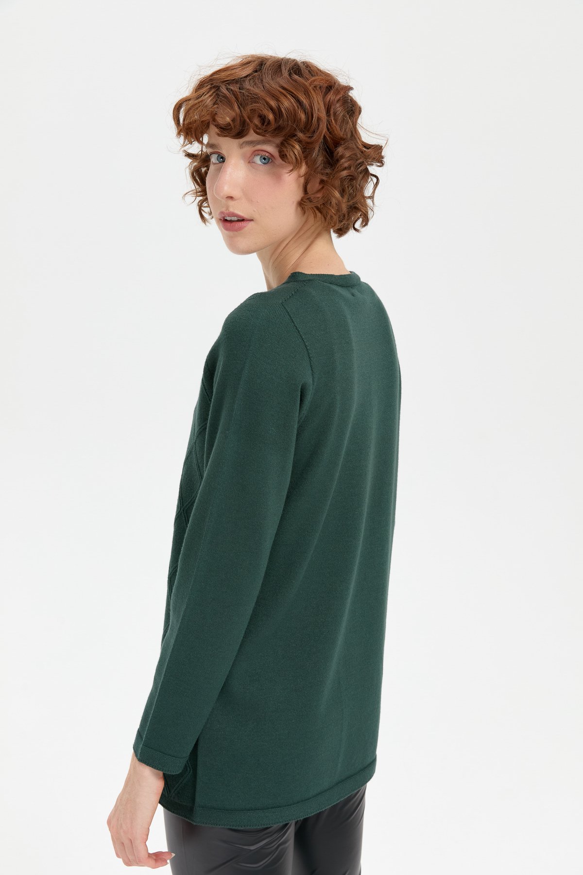 24175Kadın Sıfır Yaka Dikişsiz Önü Baklavalı Kazak Yeşil