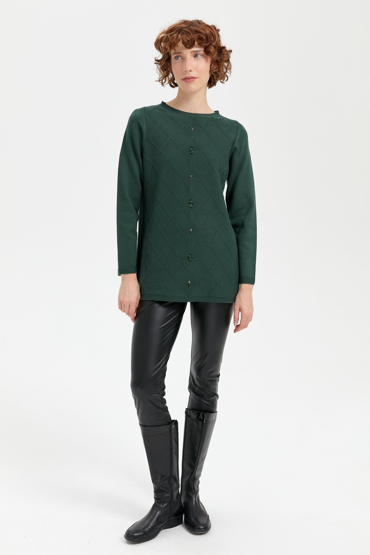 24175Kadın Sıfır Yaka Dikişsiz Önü Baklavalı Kazak Yeşil