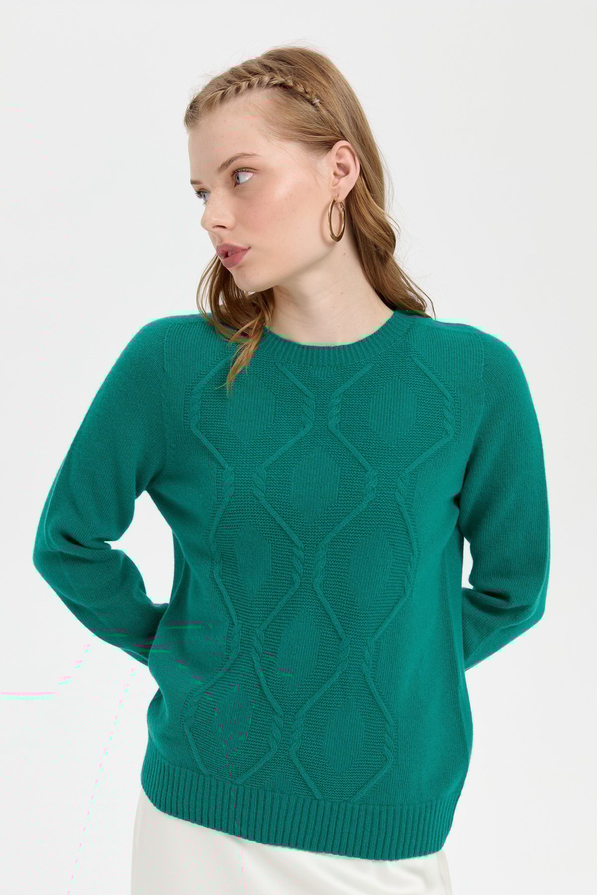 24217Kadın Sıfır Yaka Dikişsiz Önü Baklavalı Yün Kazak A.Ö.Başı