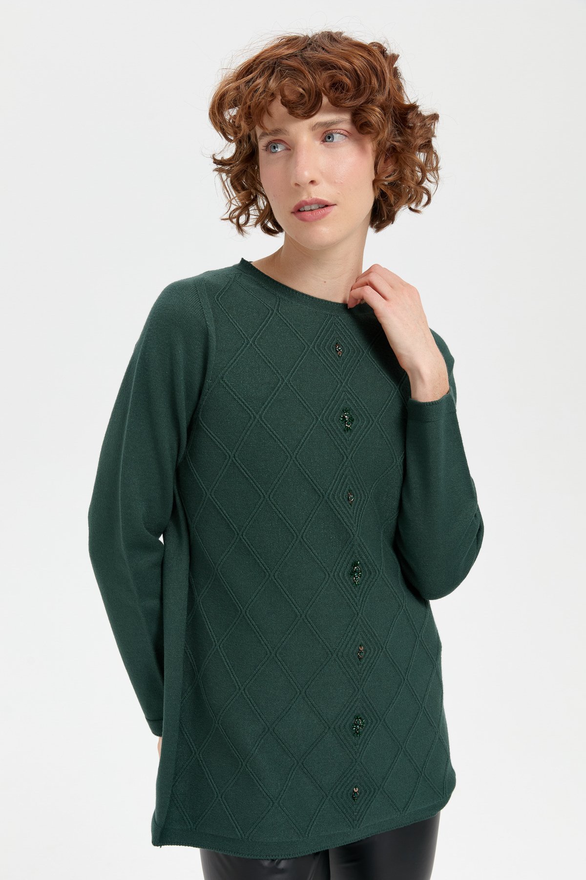 24175Kadın Sıfır Yaka Dikişsiz Önü Baklavalı Kazak Yeşil