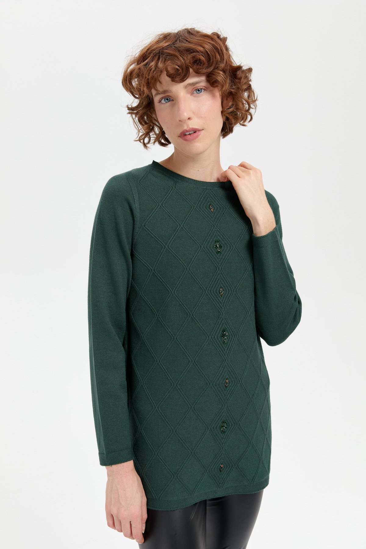 24175Kadın Sıfır Yaka Dikişsiz Önü Baklavalı Kazak Yeşil