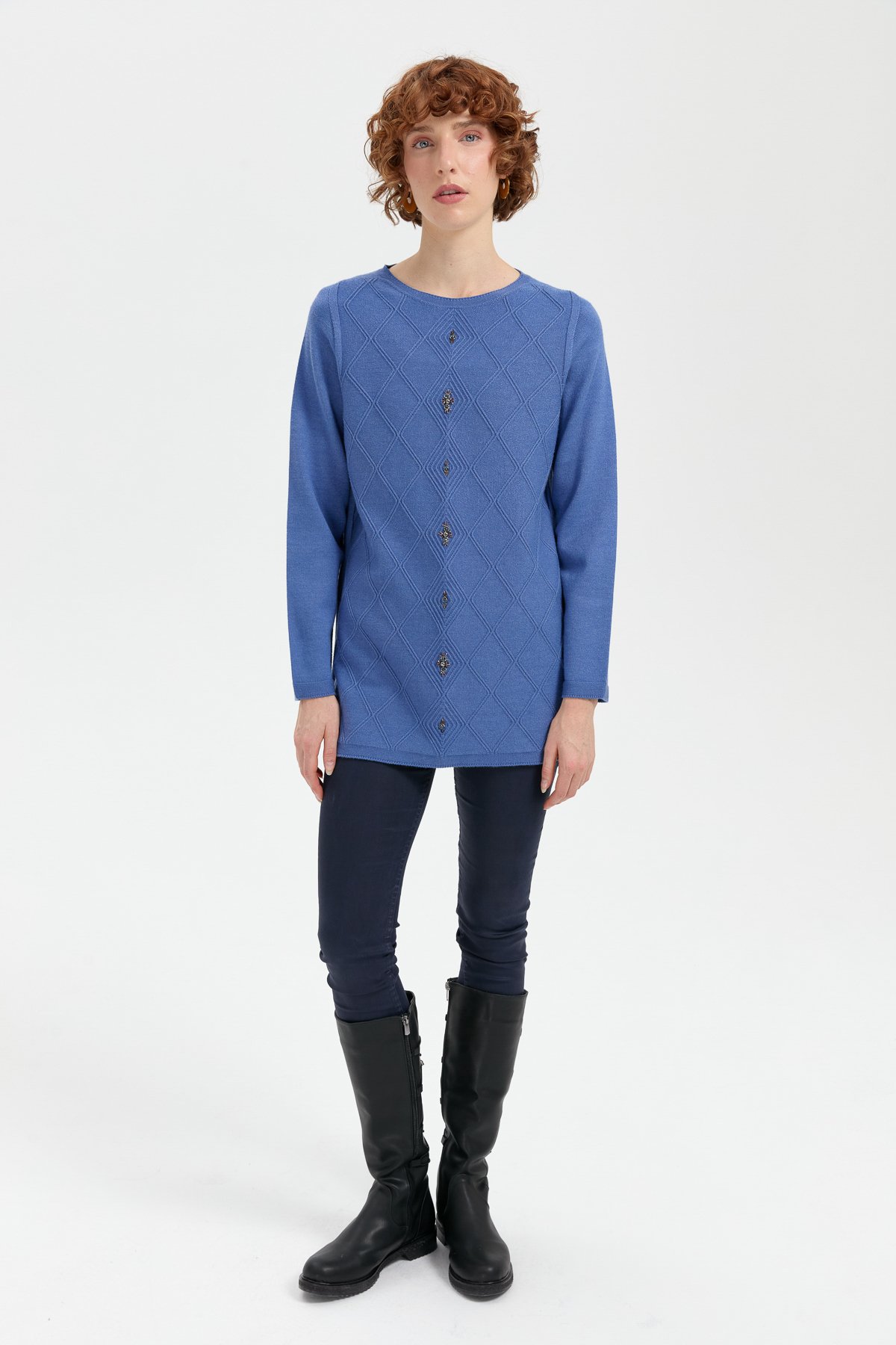 24175Kadın Sıfır Yaka Dikişsiz Önü Baklavalı Kazak İndigo